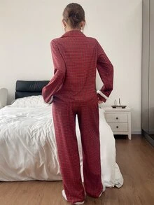 Napfluff Red Plaid Women's Patchwork Plush Open Front Pajama Set, 2 Pieces - Red - View 2