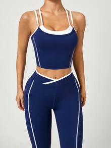 SHEIN Dewbera Women's Colorblock Patchwork Camisole & Leggings Slim Fit Sports Set - Navy Blue - View 7