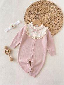 Newborn Bow Ribbon Decor Colorblock Patchwork 3D Ruffle Trim Loose Thick Elastic Knit Romper, Suitable For Winter - Pink - View 4