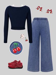 SHEIN Sparklyn 2Pcs Tween Girls Cute Patchwork V-Neck Long Sleeve T-Shirt & Embroidered Denim Pants Set, Autumn - Navy Blue - View 2