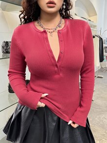 GalTyme Plus Size Women's Autumn/Winter Vintage Distressed Acid Wash Crew Neck Half-Button Long Sleeve T-Shirt - Burgundy - View 7