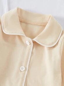 春秋冬新生兒居家服套裝，可愛杏色彼得潘領開襟長袖上衣搭配連腳褲，柔軟舒適，新生兒最佳禮物 - 杏色 - 查看 3