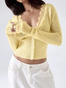 LYSMO 女款蕾絲拼接休閒日常開襟衫 - 黃色 - 查看 5