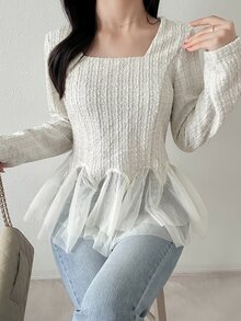 FRIFUL Blus Elegan Lengan Panjang Leher Persegi dengan Detail Jala Kontras Warna Polos untuk Wanita di Musim Gugur - Krem - View 7