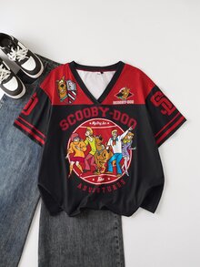 SCOOBY-DOO X SHEIN 女款V領卡通圖案印花T恤，都市復興街頭風，休閒時尚創意個性街頭服飾，秋季上衣 - 黑色 - 查看 1