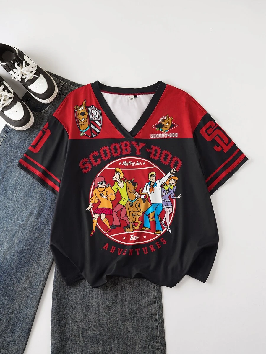 SCOOBY-DOO X SHEIN 女款V領卡通圖案印花T恤,都市復興街頭風,休閒時尚創意個性街頭服飾,秋季上衣 - 黑色 - 查看 1