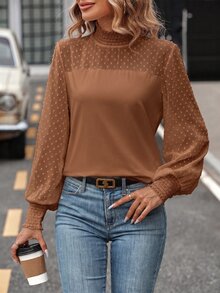 SHEIN Clasi 女款高領波點燈籠袖時尚休閒長袖上衣 - 棕色 - 查看 7