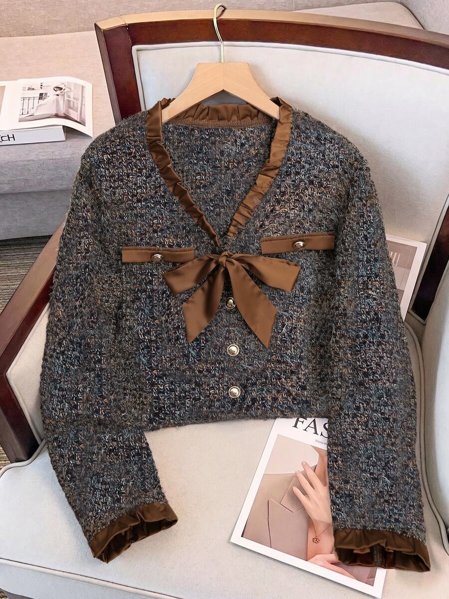 Elamini Women's Colorblock Casual Versatile Daily Wear Wool Blend Jacket - Coffee Brown - View 1