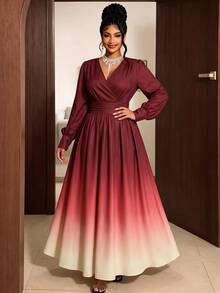 Maweii Gaun Plus Ombre Leher Surplice Lengan Lentera Musim Gugur - Merah - View 4