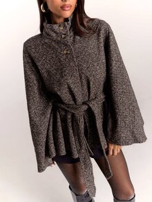 SHEIN BAE Women's Elegant Stand Collar Waist Knot Cape Overcoat - Coffee Brown - View 6