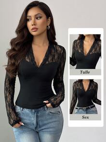 SHEIN Elenzya Contrast Lace Sheer Cup Detail V Neck Top - Black - View 3
