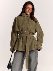 SHEIN BAE Women's Stand Collar Belted Solid Color Jacket, Urban Renaissance Street Style, Casual Fashion Creative Personalized Streetwear - Green - View 1