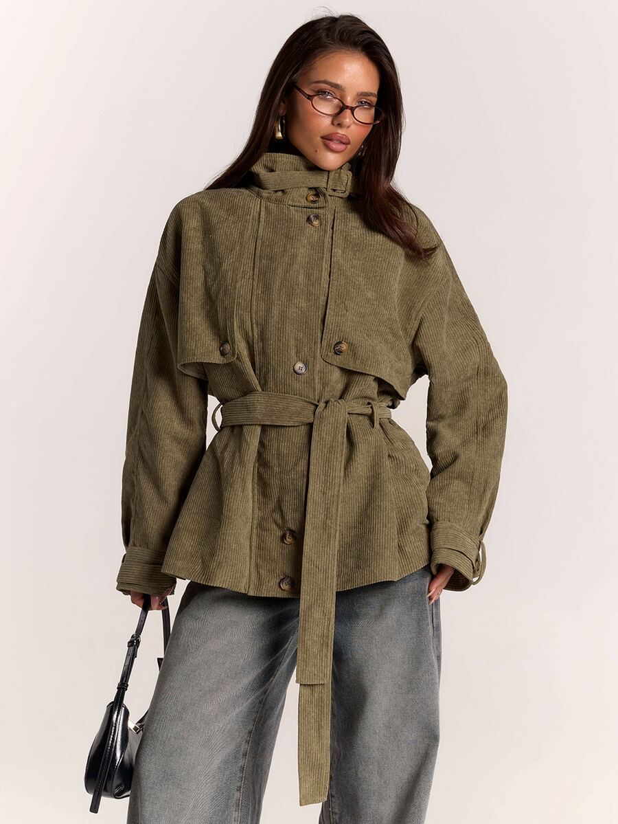 SHEIN BAE Women's Stand Collar Belted Solid Color Jacket, Urban Renaissance Street Style, Casual Fashion Creative Personalized Streetwear - Green - View 1