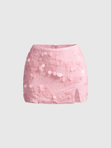 ROMWE Avant Autumn/Winter Party Sweet & Spicy Pink Sequin Tank Top And Low Waist Skirt 2 Pieces Set For Women - Pink - View 8