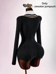 Amplova Women's Preppy V-Neck Cinched Waist Ultra Short Mini Romper - Black - View 2