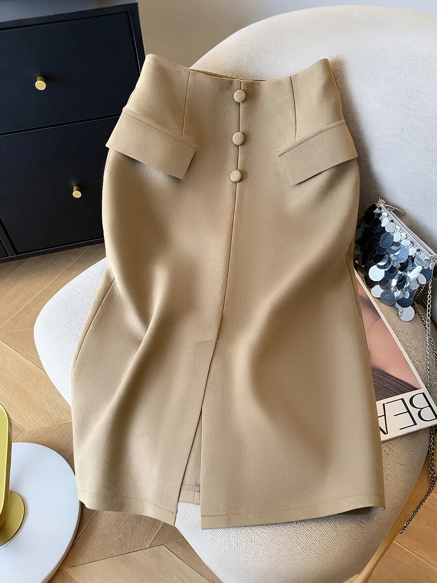 GlowEve CURVE Fashion Plus Size Women's Short Skirt, Front Center Fabric Button, Elastic Waistband, Back Center Zipper - Khaki - View 1
