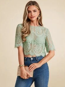 Amorya 女款優雅蕾絲短袖寬鬆黑色上衣，適合婚禮季節、約會、春/夏季 - 薄荷綠 - 查看 5