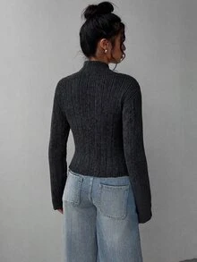SHEIN BASICS كارديجان نسائي بلون موحد بأكمام طويلة وأزرار مفردة من الصوف المحبوك - رمادي - مشاهدة 5