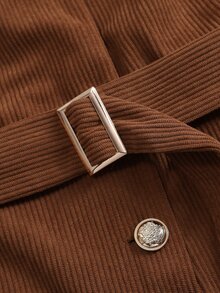 Elenzga Plus Size VNeck Corduroy Jumpsuit, Belt Waist Decorative Buttons Wide Flare Leg Jumpsuit - Brown - View 5