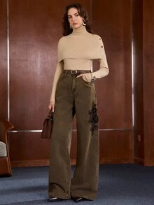 Anewsta Celana Jeans Lurus dengan Bordir Renda Manik-Manik - Coffee Brown - View 4