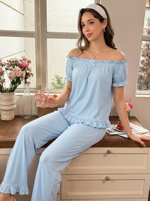 Snug Reverie Fresh Light Blue Off-Shoulder Cold Shoulder Ruffle Short Sleeve Long Pants Women's Pajama Set - Blue - View 5