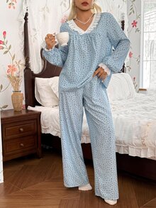 CottageSlumber Romantic Women's Woven Printed V-Neck Lace Bow Long Sleeve Top And Pants Pajama Set - Blue - View 5