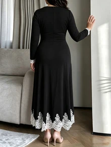 Modelyn Black Knitted Dress With Lace Trim, Elegant Fashionable Celebrity Style, Slim Fit Long Sleeve Dress, Plus Size - Black - View 2