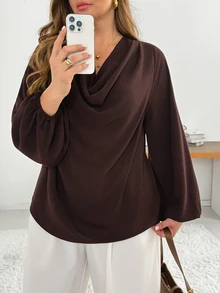 Shapeblank Plus Size Women's Draped Neck Solid Color Blouse Suitable For Dating, Vacation, Party, Daily Outings, Gatherings, Outdoor Activities - Brown - View 3