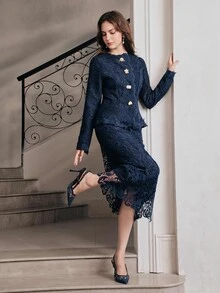 Anewsta Women's Elegant 2 Pieces Set Embroidered Fabric Jacket With Skirt, Autumn New Style - Navy Blue - View 4