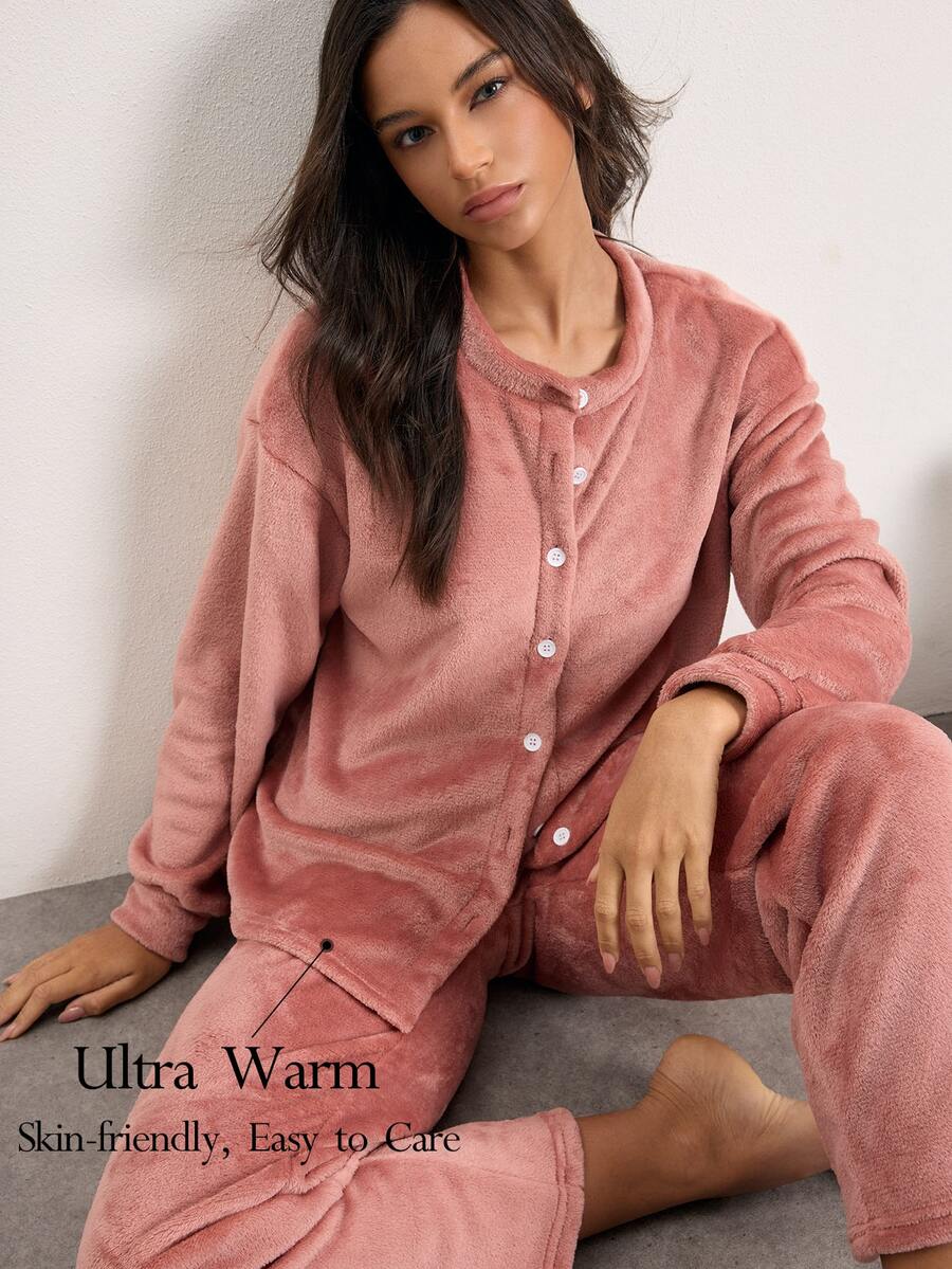 Ocili Women's Casual Plush Loungewear Set - Dusty Pink - View 1