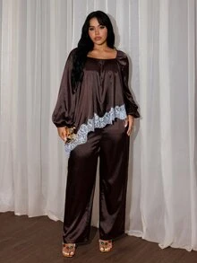 Rustia Plus Contrast Lace Lantern Sleeve Satin Top & Pants Set Fall - Brown - View 7