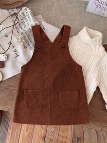 Young Girls Pocket Decor Short Pinafore Dress - Brown - View 9