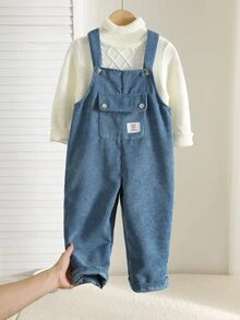 SHEIN 兒童小男孩秋季新品簡約休閒時尚燈芯絨牛仔吊帶褲連身褲，適合秋冬穿著 - 藍色 - 查看 5