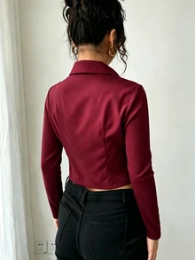 INAWLY 休閒修身翻領拉鍊金屬鈕扣裝飾性感長袖女款襯衫 - 酒紅色 - 查看 2