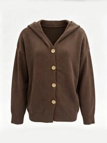 SHEIN Women's Spring, Summer, Autumn, And WinterHooded Long Sleeve Single-Breasted Solid Color Cardigan - Coffee Brown - View 8