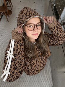 SHEIN Sparklyn 青少年女孩休閒純色蝴蝶結裝飾連帽拉鍊開襟外套，返校秋季款 - 棕色 - 查看 1