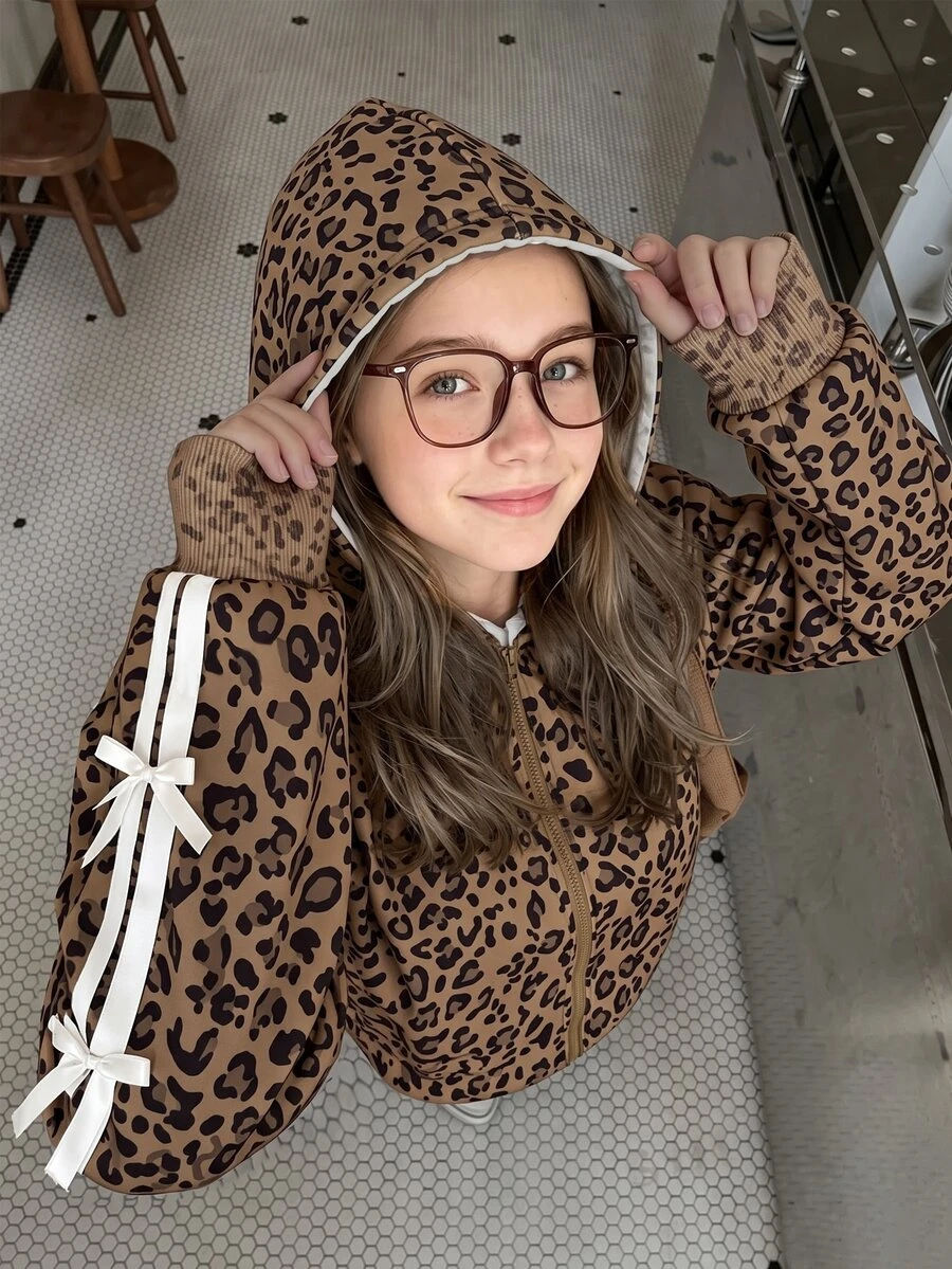 SHEIN Sparklyn 青少年女孩休閒純色蝴蝶結裝飾連帽拉鍊開襟外套,返校秋季款 - 棕色 - 查看 1