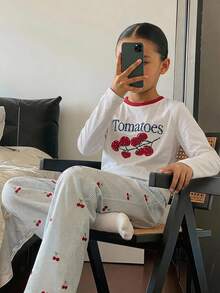 Dazy Kids 對比色圓領圖案印花休閒女童家居服套裝 秋季 - 白色 - 查看 2