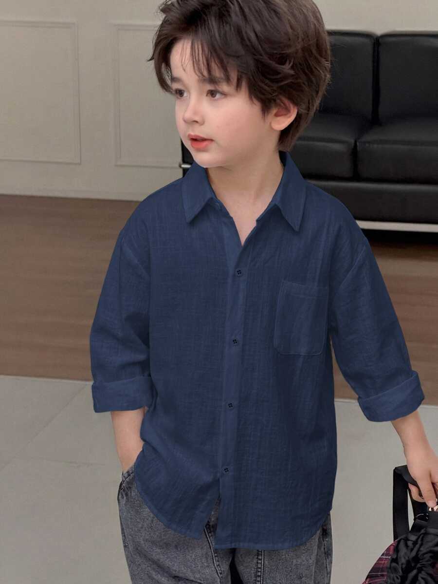 Dazy Kids 男童大童寬鬆休閒長袖秋季基礎襯衫上衣 - 藏蓝色 - 查看 1
