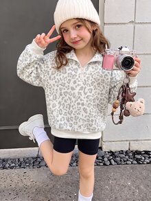 Tween女孩復古美拉德色豹紋半拉鍊落肩衛衣，街頭復古風，休閒舒適，兒童秋季疊穿，Y2K運動風，適合外出、街拍、校園、Chill Chill - 彩色 - 查看 7