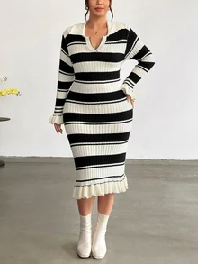 Firerie French Style Polo Collar Black & White Ribbed Ribbed Slim Fit Flare Long Sleeve Ruffle Mid-Length Knit Dress For Commute - Black and White - View 3