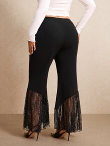 Elaquor Plus Size Women Solid Color High Waist Contrast Lace Elegant Flare Pants - Black - View 2
