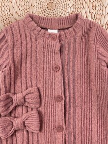 SHEIN 新生兒蝴蝶結裝飾長袖秋冬連身衣 - 粉色 - 查看 5