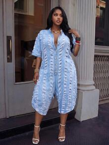 SHEIN PETITE Women's Sexy Distressed Raw Hem Button Denim Overalls - Blue - View 4