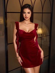 SilkySpell French Vintage Square Neck Frill Trim Backless Fitted Sexy Nightgown - Burgundy - View 2