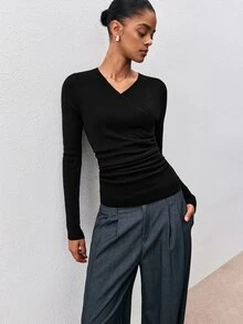 ATUI Studio Women's New Wrap V-Neck Slim Fit Ribbed Knit Long Sleeve Ruched Waist Cropped Wool Sweater, All Seasons - Black - View 5