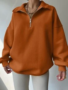 INAWLY 女款純色長袖半拉鍊休閒運動衫 - 亮橙色 - 查看 3