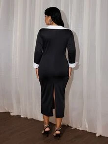 Rustia Vestido de talla grande con ribete de contraste y espalda dividida - Negro - Ver 2