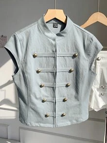 Comfortcana 女款拿破崙夾克 純色拿破崙鈕扣裝飾 都市文藝復興街頭風 休閒時尚創意個性街頭穿搭 - 淺藍色 - 查看 6
