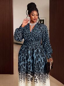 Maweii Gaun Ukuran Besar Motif Leopard Warna Blok dengan Leher Surplice untuk Musim Gugur - Biru - View 5
